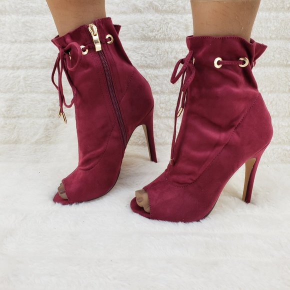 Burgundy Wine Red Drawstring Open Toe High Heel Ankle Boots - Picture 2 of 10